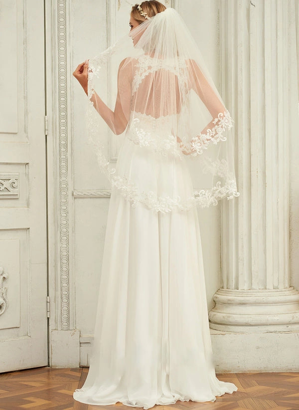 A-line V-Neck Sweep Train Lace Chiffon Wedding Dress